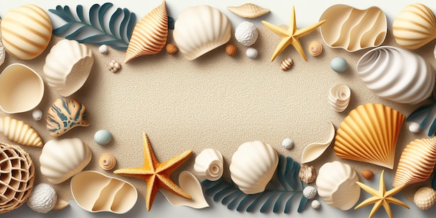 Empty frame made from seashells for banner or design