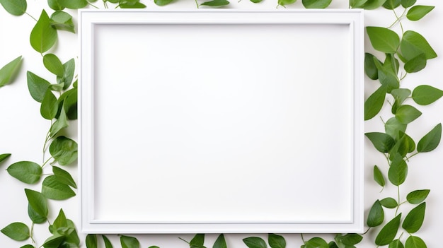 An empty frame made with green leaves on white background