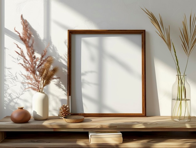empty frame on minimalist mahogany wooden desk furniture interior design