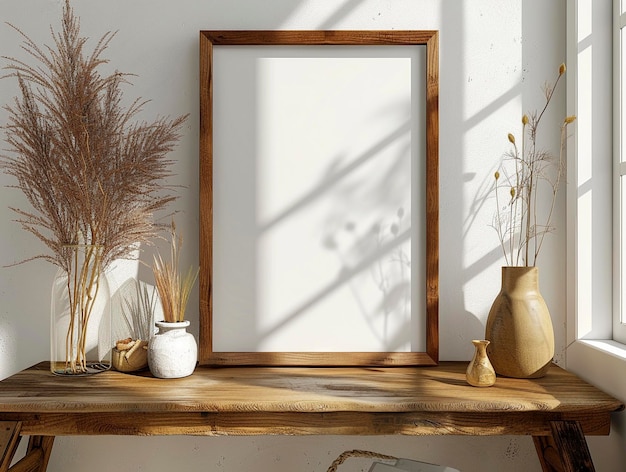 empty frame on minimalist mahogany wooden desk furniture interior design