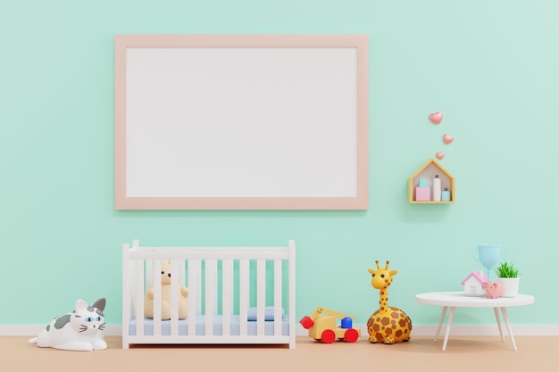 Empty frame mockup in baby kid room with doll and toy nursery children room 3D rendering