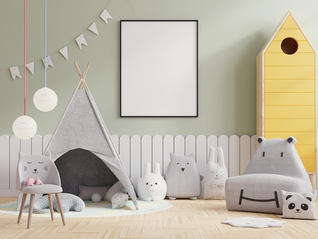 Foto poster con cornice vuota per mockup nella stanza dei giochi dei bambini