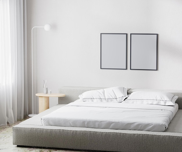 empty frame mockup in modern bedroom interior background, scandinavian style, 3d render