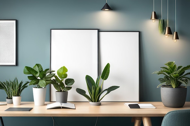 Empty frame mockup in modern minimalist interior with trendy potted plant