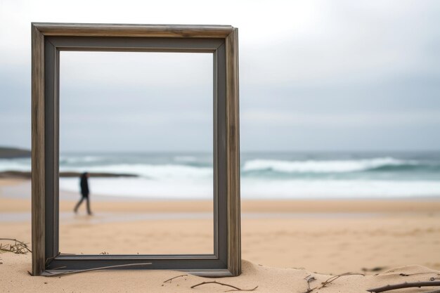 Photo empty frame on sandy beach with person walking by