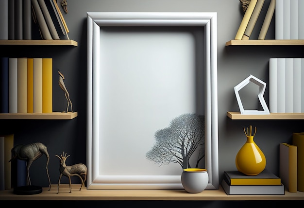 Empty frame on a shelf among books Template for Design AI generated Mock Up
