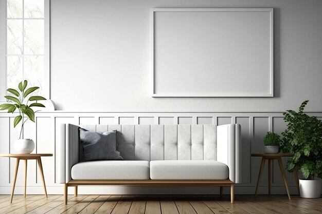 Photo empty frame on the sofa and wooden table in the living room