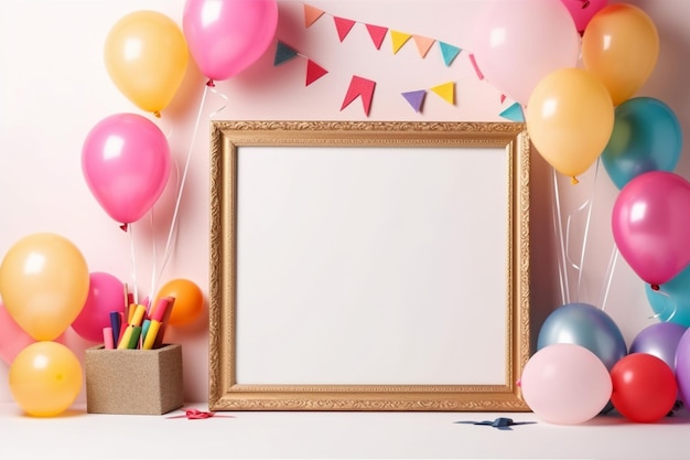 Empty frame surrounded by birthday elements with copy space