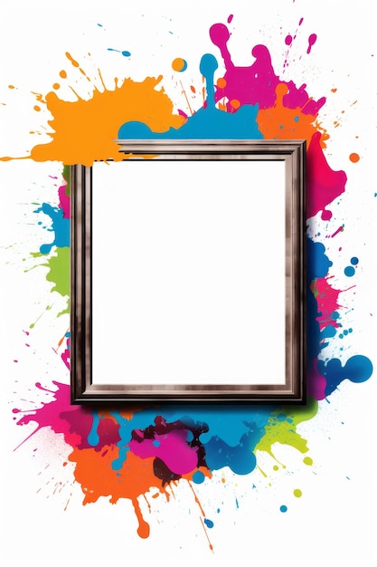 an empty frame surrounded by colorful paint splatters