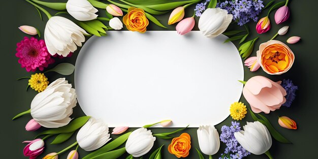 Photo empty frame surrounded by colorful spring flowers generative ai