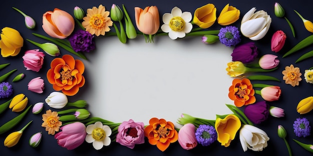 Photo empty frame surrounded by colorful spring flowers generative ai