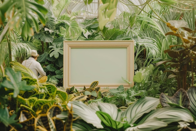 Photo empty frame surrounded by plants with a gardener