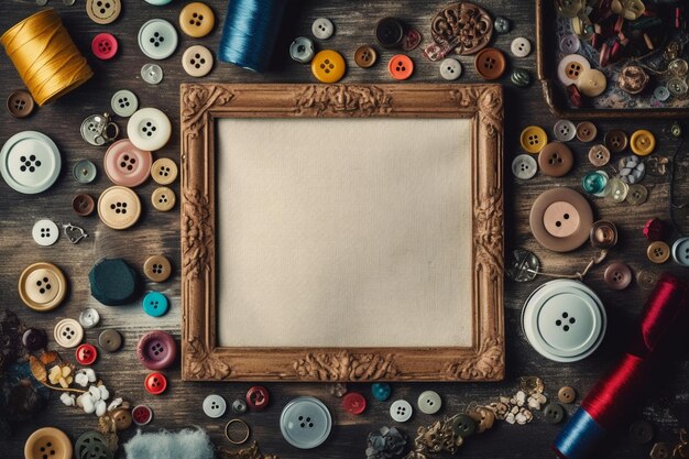 Empty frame surrounded by sewing buttons and sewing elements