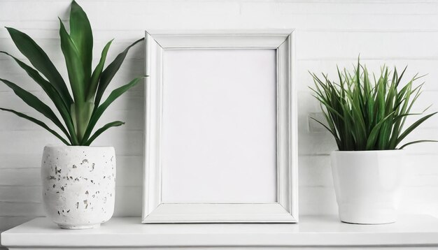 Foto quadro vuoto su una tonalità bianca con piante in bianco mock up