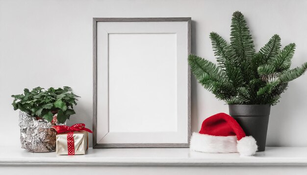 Foto quadro vuoto su una tonalità bianca con piante per il mock up vuoto di natale