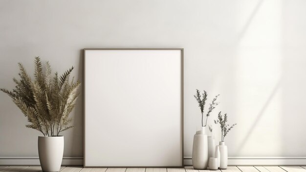 Photo empty frame and white vase 3d rendering in beige tones