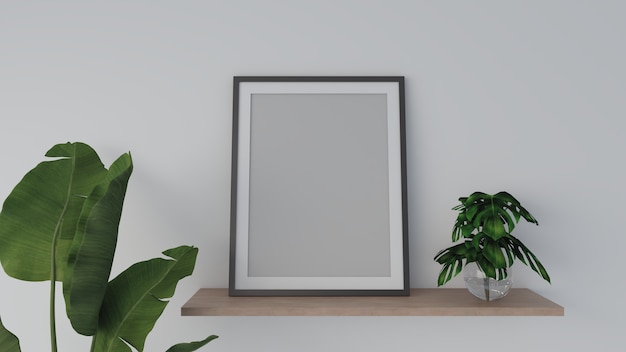 empty frame on a white wall with green plants 3D render