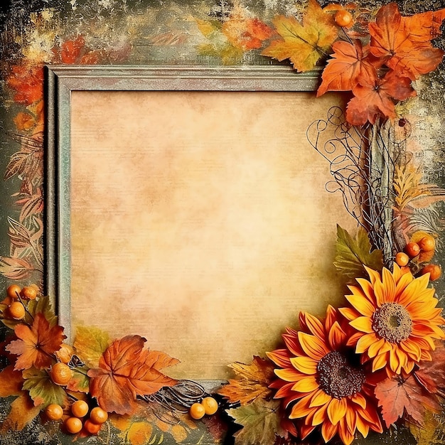 Empty frame with autumn leaves and flowers