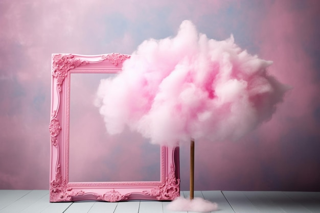 Empty frame with cotton candy cloud and copy space