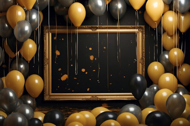 empty frame with gold and black ballons