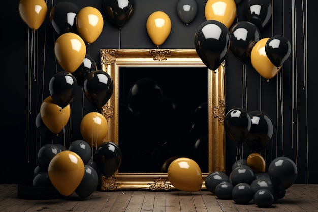 empty frame with gold and black ballons