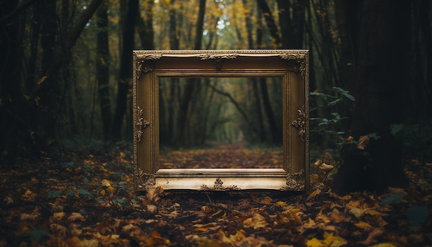 Photo empty frame with gold leaf standing in the middle of the forest