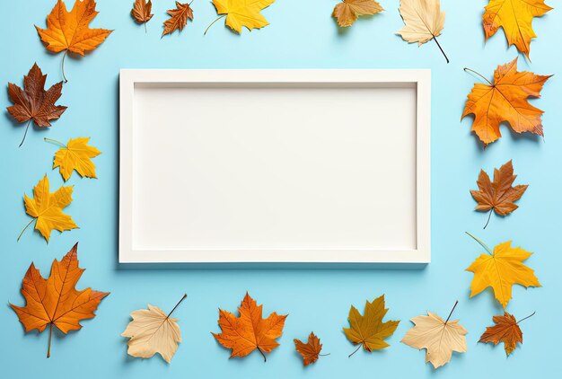 an empty frame with maple leaves and autumn in the style of minimalist modernism