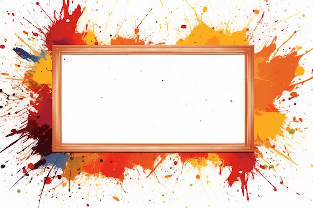 an empty frame with paint splatters on a white background