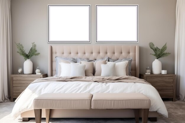 Empty frames on wall for artwork in modern bedroom design with upholstered bed with pillows