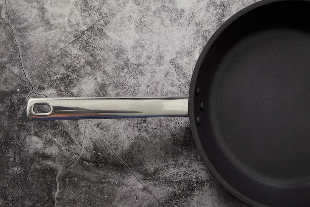 Empty Frying Pan Black ON Dark Stone work Surface