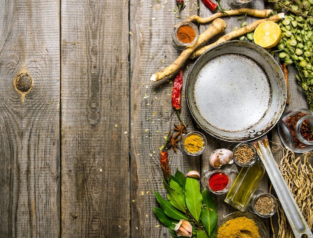 Empty frying pan with aromatic spices and herbs. on a wooden table. free space for text . top view