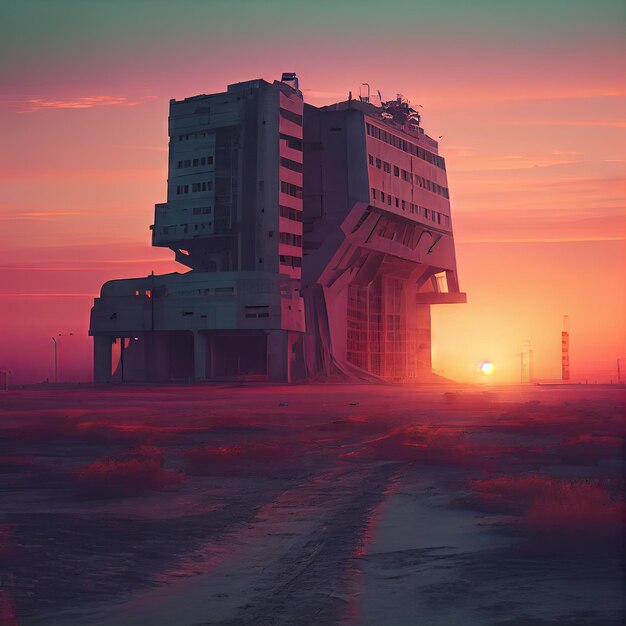 Empty futuristic huge building at dawn in postapocalyptic city