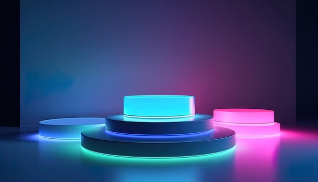 Empty futuristic podium with neon lights for product presentation Template mockup