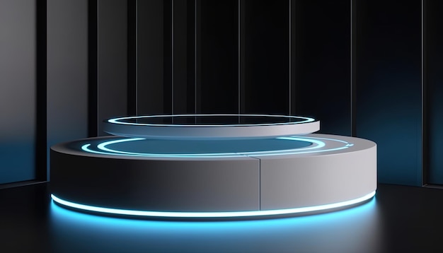 Empty futuristic podium with neon lights for product presentation Template mockup