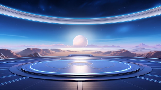 Photo empty futuristic space ship deck background with blue light