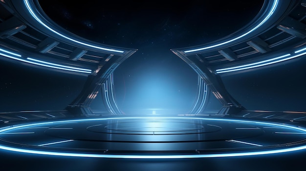 empty futuristic space ship deck background with blue light