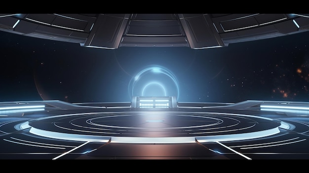 empty futuristic space ship deck background with blue light