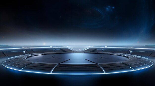 empty futuristic space ship deck background with blue light