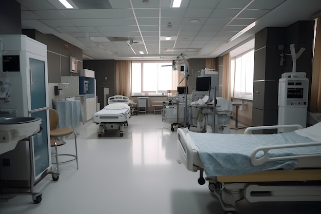 Пустой типовой интерьер больницы. Нейронная сеть, созданная в мае 2023 года. Не основана на какой-либо сцене или образце реального человека.