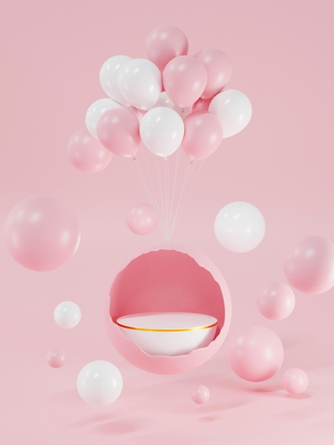 Empty Geometry podium for display product concept and balloon with copy space 3D rendering