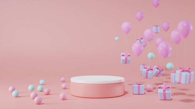 Empty Geometry podium for display product concept and gift box balloon with copy space 3D rendering