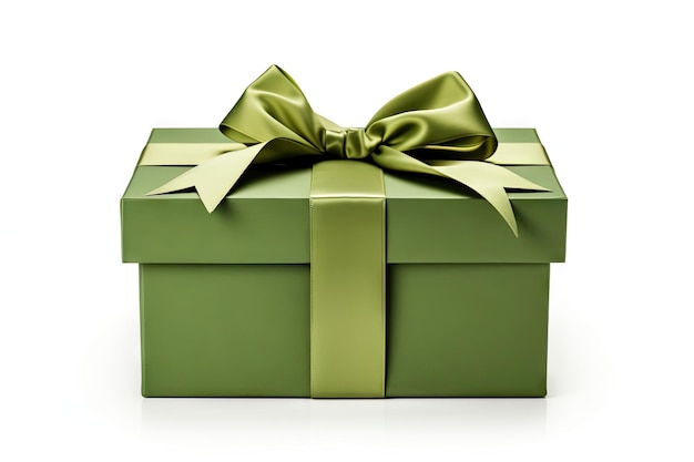 Empty gift box with ribbon and bow open and isolated on white square cardboard box wrapped in green