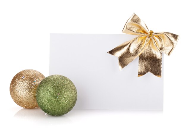 Empty gift card and christmas decor. Isolated on white background