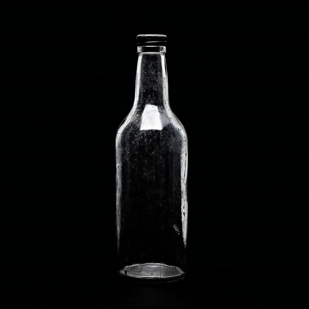 Photo empty glass bottle on a dark background black and white photo