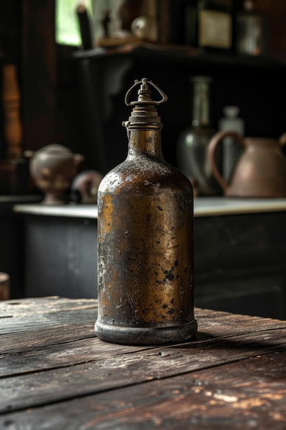 An empty glass bottle is on the table