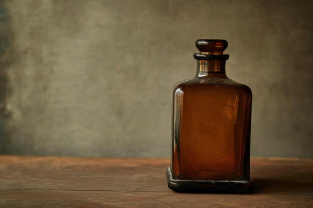 An empty glass bottle is on the table