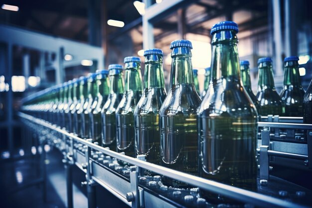 Empty glass bottles on conveyor belt bottling plant