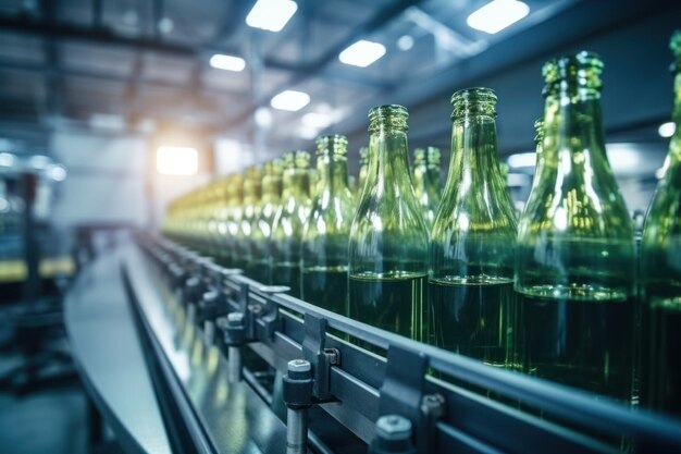 Empty glass bottles on conveyor belt bottling plant