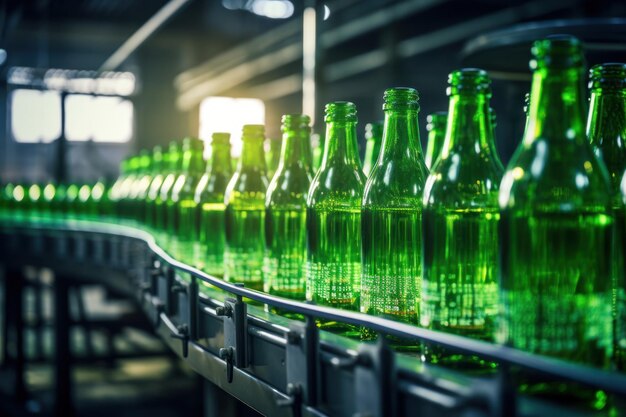 Empty glass bottles on conveyor belt bottling plant