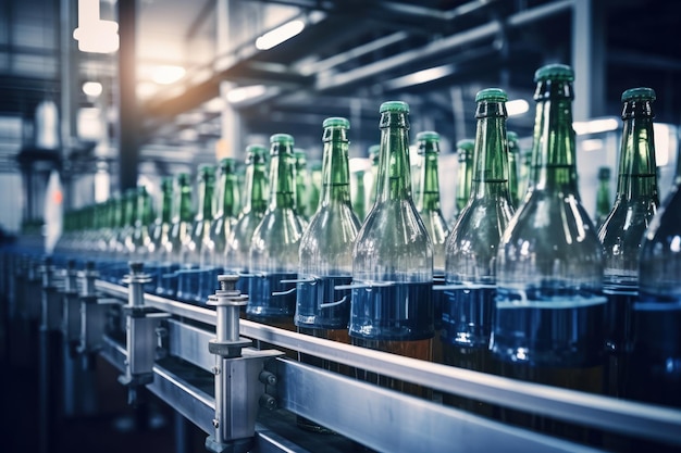 Пустые стеклянные бутылки на заводе по розливу конвейерной ленты